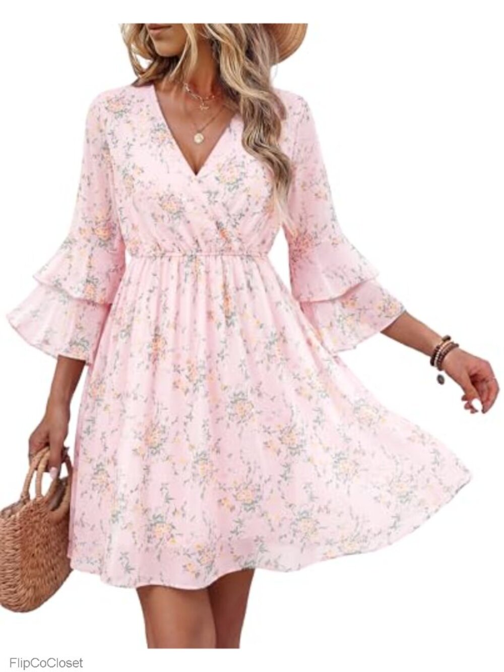 Women's 3/4 Sleeve Ruffle Chiffon Dress Floral Wrap V-Neck A-Line Casual Midi